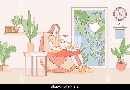 Femme souriante assise dans un fauteuil confortable avec une tasse de café et chat animal et lisant un livre dans appartements vector dessin animé illustration du contour. Week-end de détente, passer du temps à la maison concept. Illustration de Vecteur