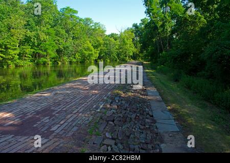 Sentier le long du Delaware et du canal Raritan au parc colonial. Cette section du chemin est pavée de briques disposées en lignes parallèles. -04 Banque D'Images