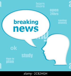 Nouvelles de la rupture de texte. Concept de presse et d'actualités . Silhouette de tête avec bulle de parole Banque D'Images