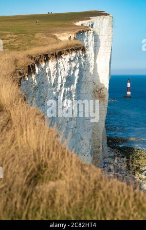 Beachy Head est une pointe de craie dans East Sussex, Royaume-Uni. Le phare de Beachy Head est en dessous. Banque D'Images