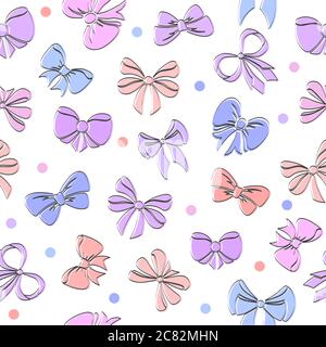 Magnifique motif sans couture en boucles de ruban rose, violet et bleu sur fond blanc. Texture infinie pour mariage, bébé, fête d'anniversaire. Illustration de Vecteur