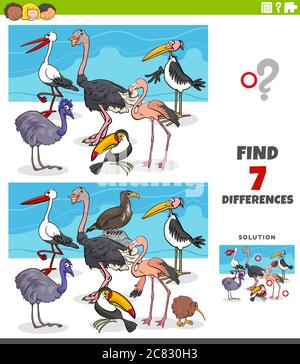 Dessin animé Illustration de trouver des différences entre les images jeu éducatif pour les enfants avec des oiseaux personnages animaux Illustration de Vecteur