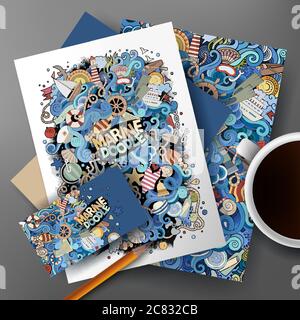 Ensemble de jeux de doodle marin à vecteur d'identité d'entreprise Illustration de Vecteur