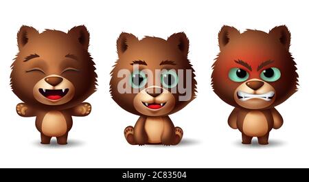 Jeu de vecteurs de caractères animaux bruns ours. Grizzly ours animaux enfants personnages en position assise et debout et gestes avec différents. Illustration de Vecteur