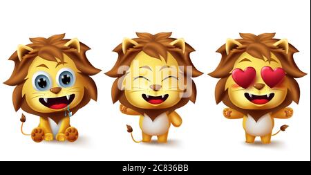 Jeu de vecteurs de personnages lions d'animaux. Animaux lion enfants personnages dans les expressions cute du visage comme faim, dans l'amour et heureux dans la position debout et assis. Illustration de Vecteur