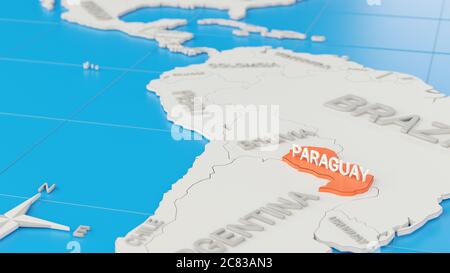 Carte 3D simplifiée de l'Amérique du Sud, avec le Paraguay mis en évidence. Rendu 3D numérique. Banque D'Images