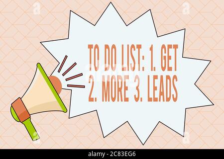 Écriture texte écriture à faire liste : 1. Obtenez 2. Plus 3. Dérivations. Plan conceptuel de publicité photo pour attirer des clients Megaphone avec Volume Sound effet Banque D'Images