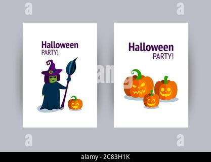 Carte de vœux pour Halloween. Sorcière d'Halloween avec balai et citrouilles. Illustration vectorielle de style plat Illustration de Vecteur