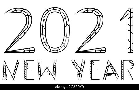 2021 bonne année 2021. Chiffres et lettres - Félicitations pour les vacances. Contour tracé à la main sur fond blanc. Félicitations Illustration de Vecteur