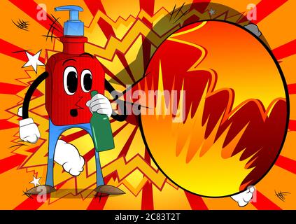 Bouteille de gel désinfectant pour les mains avec le visage tenant une bouteille. Savon liquide pour l'hygiène, protection contre les virus. Illustration de dessin animé vectoriel. Illustration de Vecteur