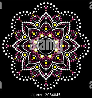 Vecteur d'art par points mandala ethnique, dessin traditionnel aborigène de peinture par points, décoration indigène d'Australie en rose et blanc Illustration de Vecteur