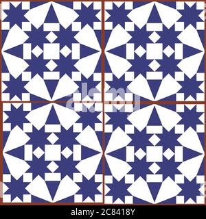 Carreaux géoémétiques marocains et turcs, motif vectoriel sans couture, motif textile indigo avec étoiles et formes abstraites Illustration de Vecteur