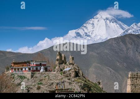 Avis de Jhong Gompa monastère bouddhiste et Dhaulagiri Himal, Mustang, Népal Banque D'Images