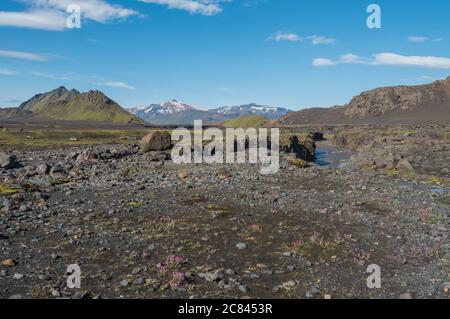 Paysage islandais avec canyon de la rivière Innri-Emstrura et vue sur les montagnes du glacier Tindfjallajokull et les collines verdoyantes. Réserve naturelle de Fjallabak Banque D'Images