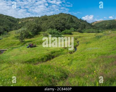 Vue sur l'herbe verte luxuriante du site de camping de Langidalur à Thorsmork avec des randonneurs assis sur un banc de table en bois. Highlands d'Islande, fin de la Banque D'Images