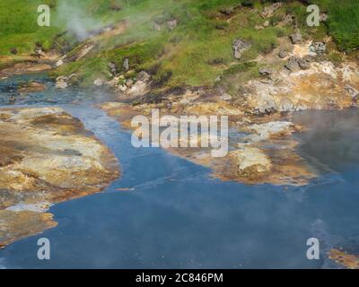 Bain de boue bleu géothermique chaud dans la vallée de Reykjalur avec de l'herbe verte luxuriante meadowa et de la vapeur. Sud de l'Islande près de la ville de Hveragerdi. Banque D'Images