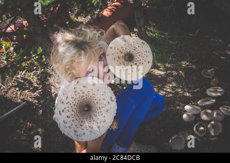 vue de dessus de fille avec deux grands champignons de parasol à la main Banque D'Images