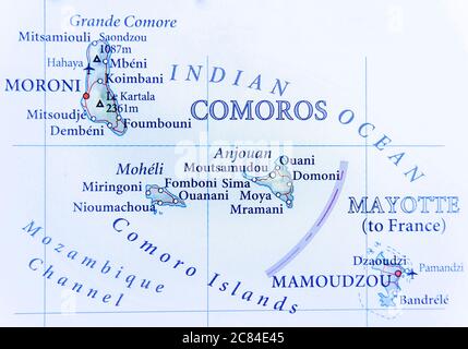 Carte géographique des Comores avec des villes importantes Banque D'Images