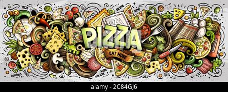 Dessin animé mignon Doodles Pizza Word Illustration de Vecteur