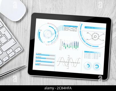 Tablette avec tableaux et graphiques sur le bureau Banque D'Images