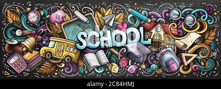 Dessin animé mignon Doodles School Word. Illustration colorée Illustration de Vecteur