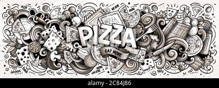 Dessin animé mignon Doodles Pizza Word. Illustration horizontale de dessin au trait. Illustration de Vecteur