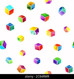 Aquarelle abstraite motif sans couture de cubes multicolores sur fond blanc. Dessin à la main et numérisé. Design pour papier peint, textile, tissu, bibliothèque, emballage. Banque D'Images