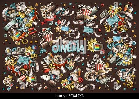 Ensemble de dessins animés de Cinéma Doodle à motif vectoriel coloré Illustration de Vecteur