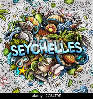 Illustration de dessins animés à la main aux Seychelles. Design amusant. Illustration de Vecteur