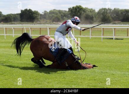 West Coast Flyer, un faller-simple dans The Watch on Racing TV, les novices de Chase, à l'hippodrome de Stratford-on-Avon. Banque D'Images