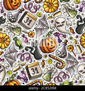 Dessin animé mignon dessiné à la main Halloween sans couture motif Illustration de Vecteur