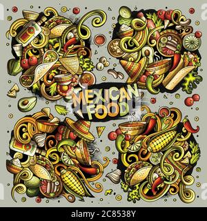 Ensemble vectoriel de combinaisons d'objets et d'éléments alimentaires mexicains Illustration de Vecteur