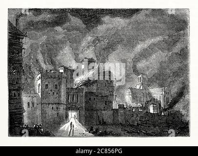 Une vieille gravure montrant l'incendie à la prison de Newgate pendant le Grand incendie de Londres en 1666. La cathédrale St Pauls, également détruite dans le feu, peut être vue en arrière-plan. La prison de Newgate était située dans la ville de Londres, en Angleterre, au Royaume-Uni. Construite au XIIe siècle et démolie en 1904, la prison est restée en service jusqu'en 1902. Après la destruction de la prison dans le Grand incendie, elle a été reconstruite. La construction était presque terminée lorsqu'elle a été emagée par une foule lors des émeutes de Gordon en 1780. Le bâtiment a été à nouveau vidé par le feu. La nouvelle prison a été achevée en 1782. Banque D'Images