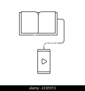 Concept de livre audio. Téléphone connecté à un répertoire. Écouter un livre électronique. Application pour téléphone portable pour livres. Icône de ligne. Bibliothèque en ligne. Contour noir Illustration de Vecteur