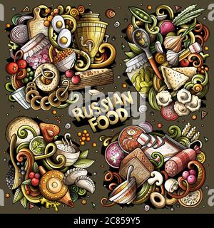 Ensemble de dessins animés colorés vectoriels dessinés à la main avec des combinaisons de nourriture russe Illustration de Vecteur