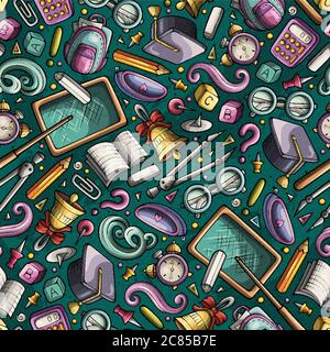 Dessin animé dessiné à la main, motif sans couture de la rentrée Illustration de Vecteur