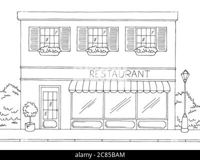 Illustration vectorielle de l'esquisse de l'extérieur du restaurant noir blanc Illustration de Vecteur