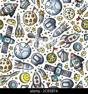 Dessin animé à la main, motif sans couture de planètes Illustration de Vecteur