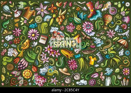 Ensemble de dessins animés à effet de caniche avec objets et symboles Spring Illustration de Vecteur