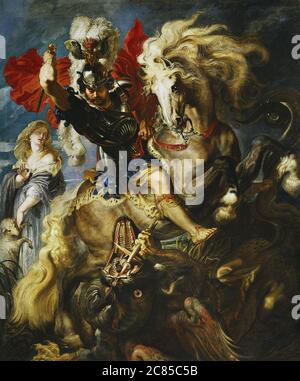 Saint George et Dragon (huile sur toile) par Peter Paul Rubens 1607. Musée du Prado à Madrid, Espagne Banque D'Images