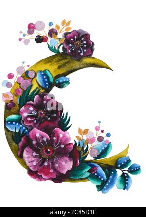 Lune en croissant avec composition florale. Illustration tendance de l'aquarelle de style bohémien avec des anemones roses et des feuilles Banque D'Images