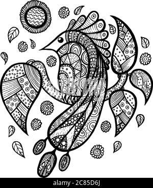 Paon d'oiseau sur la branche avec des feuilles et des fleurs zen Doodle page de coloriage dessinée à la main Banque D'Images