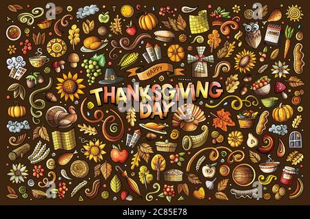 Ensemble de dessins animés colorés à motif de caniche dessinés à la main avec des objets et des symboles de Thanksgiving Illustration de Vecteur