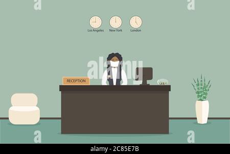 Réceptionniste noire dans un masque médical de protection derrière le lieu de travail dans l'hôtel ou la banque. Intérieur d'un bureau de réception moderne dans la salle d'attente ou le hall Illustration de Vecteur