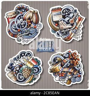 Ensemble d'autocollants de dessin animé de la saison d'hiver Illustration de Vecteur