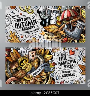 Dessin animé adorable motif vectoriel griboux automne 2 bannières horizontales Illustration de Vecteur