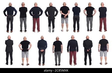 vue arrière d'un homme en différentes tenues vêtements de sport; décontracté, pyjama d'élégance, short sur fond blanc Banque D'Images