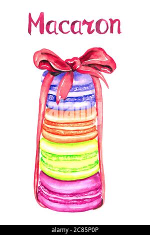 Macaron cookies colorés avec ruban rouge isolé sur une illustration aquarelle peinte à la main blanche avec inscription manuscrite Banque D'Images