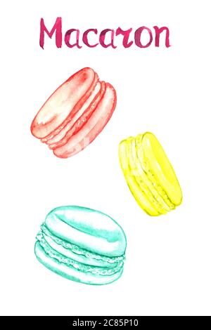 Macaron cookies colorés isolés sur une illustration aquarelle peinte à la main blanche avec inscription manuscrite Banque D'Images