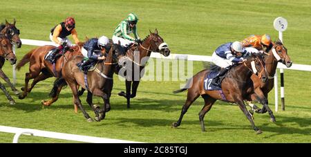 Bird for Life, monté par Ryan Tate (avant droit), remporte le handicap du 25e anniversaire de mariage Sarah & Pete Smith au champ de courses de Chepstow. Banque D'Images